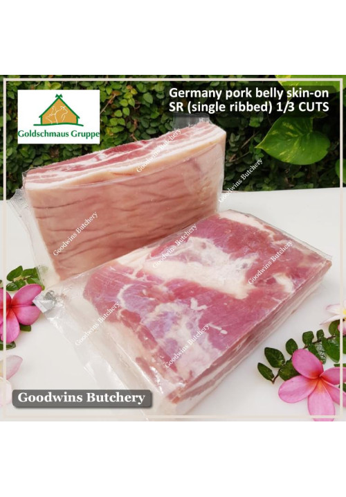 Pork BELLY SKIN ON samcan frozen Germany GOLDSCHMAUS portioned cuts for small roast +/- 1.5kg (price/kg)